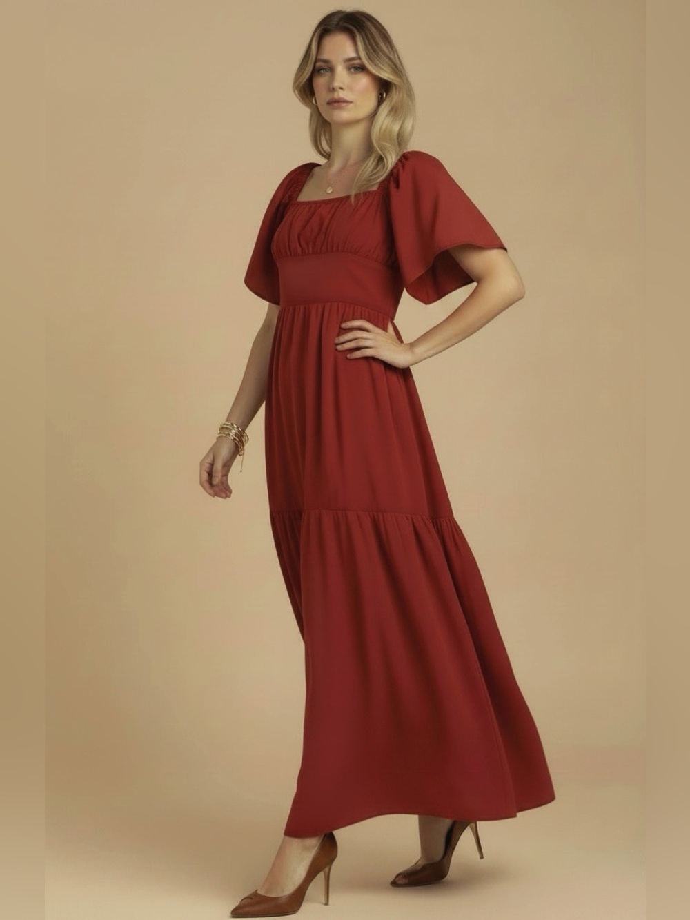 NWT BEYOND WORDS Short Puff Sleeve Smocked Tied Back Tiered Maxi Dress - Picture 2 of 5